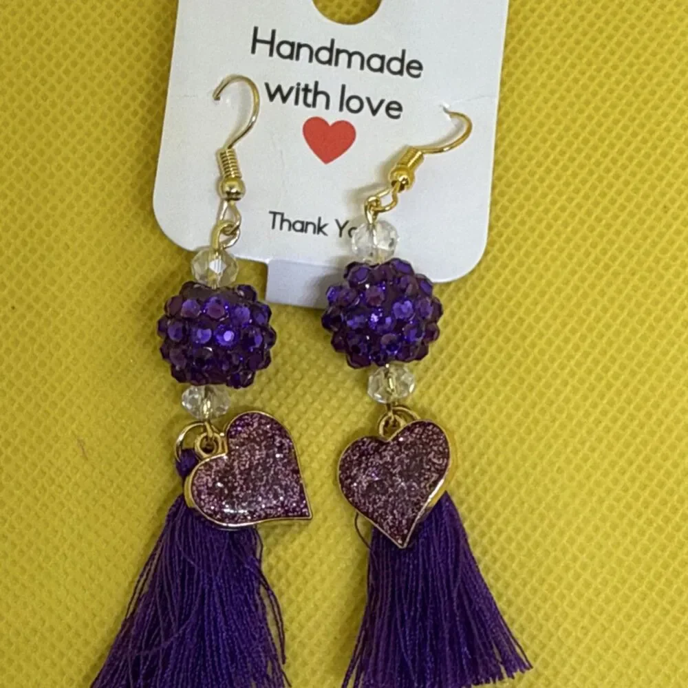 Handcrafted Purple Heart Tassel Beaded Glass Earrings Gold Hook Closure
